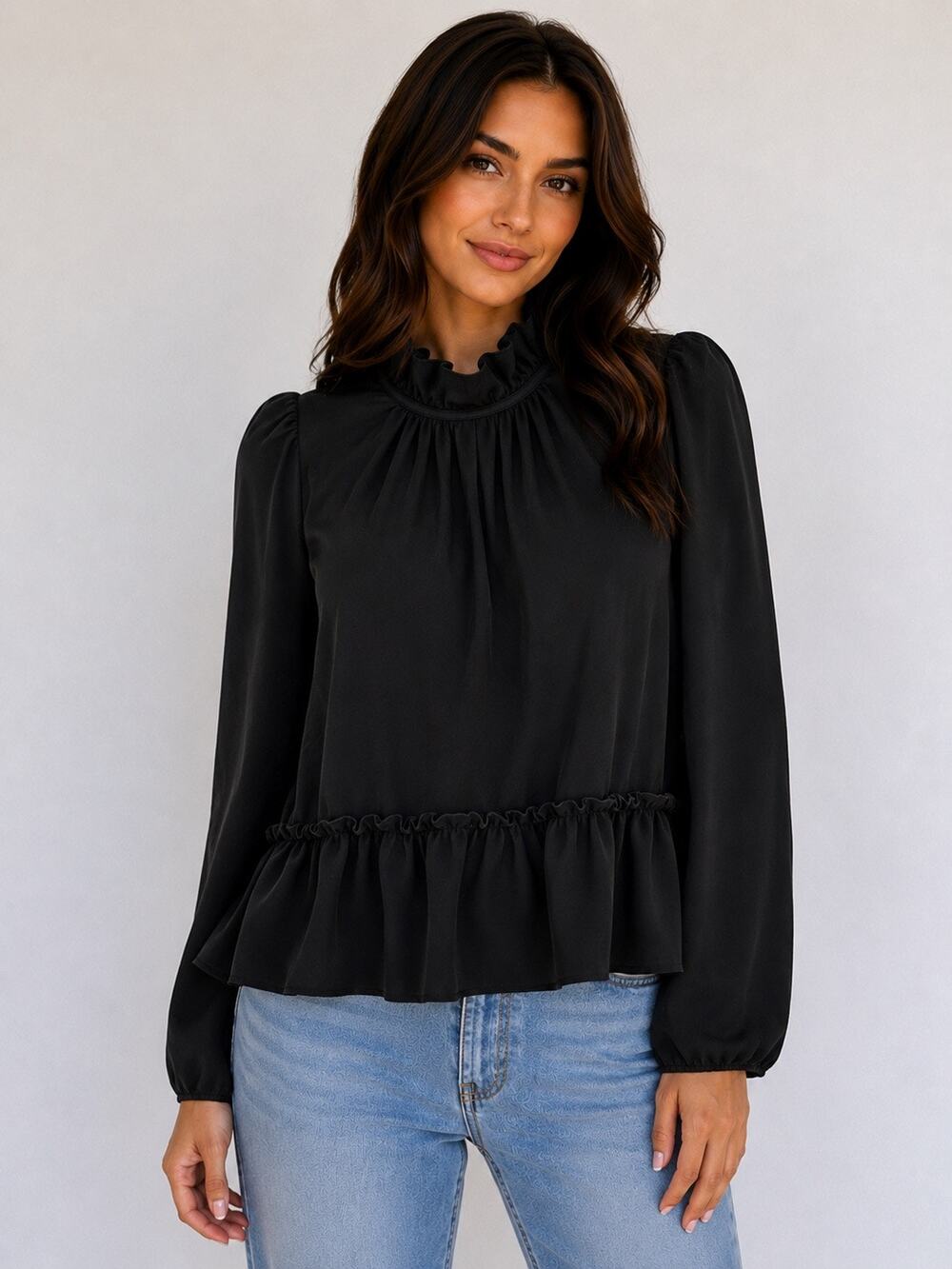 SALONI Black 100% Silk Ruffle High Neck Peplum Blouse Long Sleeve US 2 UK 6